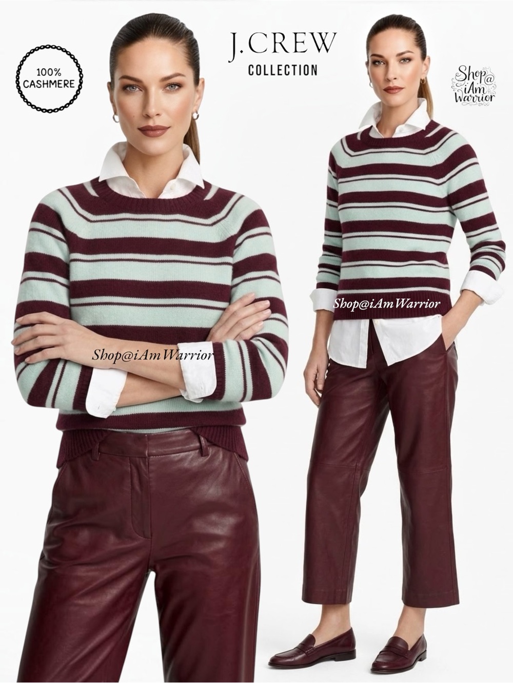 J.Crew Collection Italian Cashmere Burgundy Mint Stripe Crewneck Sweater